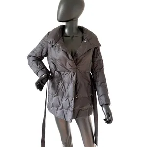 Black Down Puffer Jacket Shawl Collar Wrap Belt Winter Outerwear Coat Parka Size M thumbnail 5