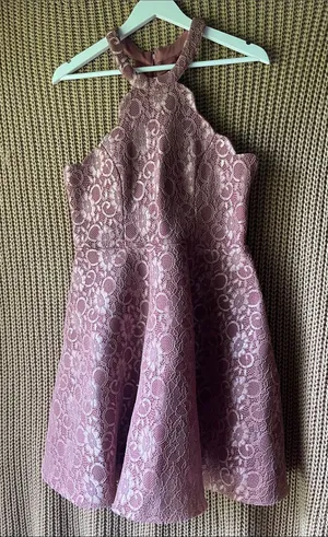 Crystal Doll Dusty Rose Lace Halter Fit-and-Flare Dress thumbnail 1