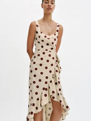 Zara Cream Dress with Brown Polka Dots and Ruffle High-Low Hem thumbnail 2