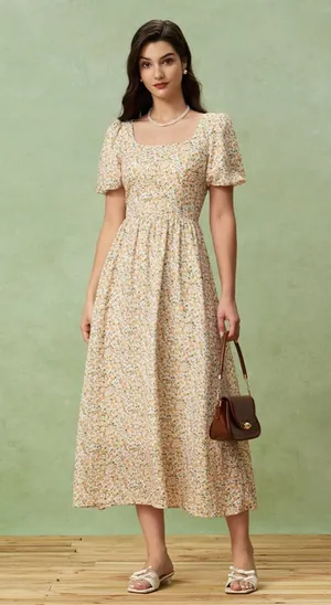 Rihoas Yellow Floral Puffed Sleeve Midi Dress thumbnail 1
