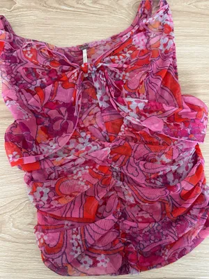 Free People Small Tell Me More Top Mesh Reversible Pink Ruch Floral Y2K Hippie thumbnail 2