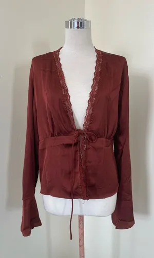 Princess Polly Rust Lace-Trim Tie-Front Blouse thumbnail 1