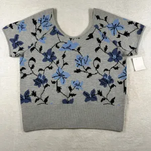Club Monaco Women Floral Jacquard Wool Knit Tee Grey Blue Short Sleeve Large L thumbnail 8