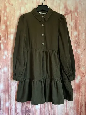 Zara Olive Green Corduroy Long Sleeve Tiered Ruffle Mini Dress Size S thumbnail 2