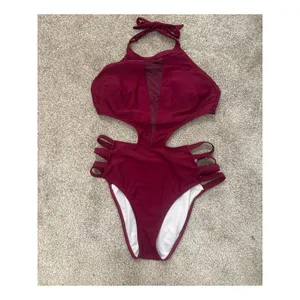 Tempt Me Women's One-Piece Sexy Mesh Neck Halter Monokini Swimsuit in Maroon, M thumbnail 2