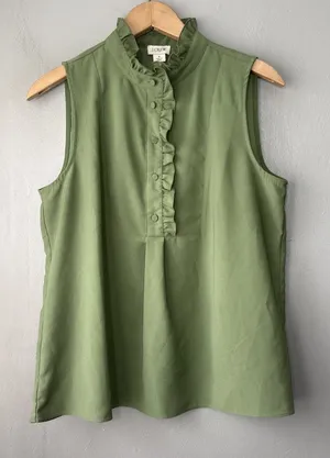 J Crew Ruffled Sleeveless Top Size 6 Green Office Siren Romantic Career Blouse thumbnail 1