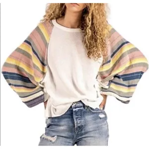EUC‎ Free People Rainbow Dreams Sweater Thermal Knit Balloon Sleeve Oversized S thumbnail 1