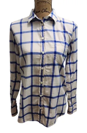 J.Crew Blue & White Plaid Cotton Button-Down Shirt Boy Fit Women's‎ Size S thumbnail 1