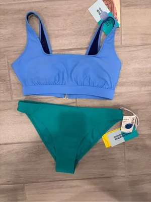 Fair Harbor Blue Crop Bikini Top & Teal Bikini Bottom Set size‎ Small thumbnail 3