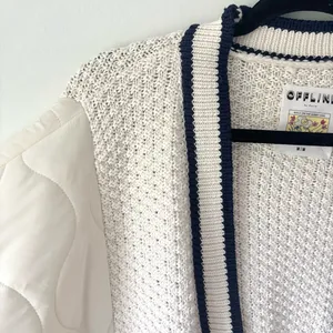 Offline by Aerie Quilted Knit Cardigan Puffer Cream Navy Oversized Sweater Cozy thumbnail 5