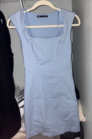 Zara Pale Blue Square-Neck Mini Dress thumbnail 1