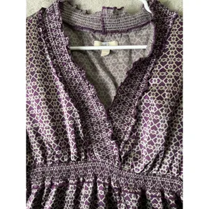 Vintage Y2K Purple Geometric Print Babydoll Top Smocked Waist Ruffle Trim Boho L thumbnail 3