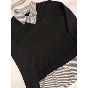 J. Society Layered Sweater Shirt S Black V-Neck Striped Collar Distressed Hem thumbnail 8
