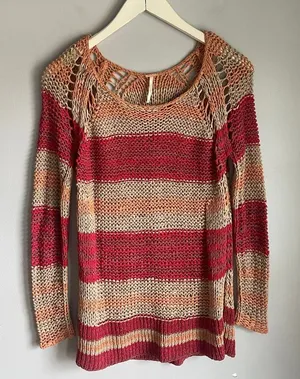 Free People Desert Moon Slouchy Fisherman‎ Open Knit Sweater Pink Striped XS thumbnail 1