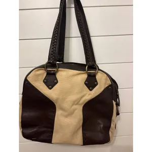 Kate Landry Brown Leather Tan Canvas Shoulder Bag Crest Braided Straps Boho thumbnail 4