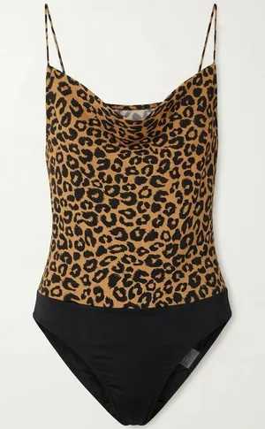 Leopard Print Cowl Neck Bodysuit in Tan and Black thumbnail 1