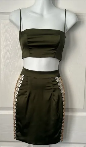 Olive Green Satin Lace-Up Side-Chain Mini Skirt thumbnail 1