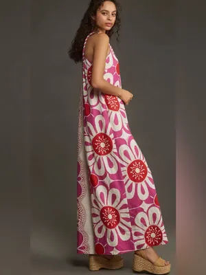 Farm Rio Maia Linen Jumpsuit Bold Floral Fuchsia & Red Size Small thumbnail 3