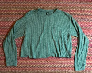 GREEN WAFFLE KNIT LONG SLEEVE BASIC TEE thumbnail 1