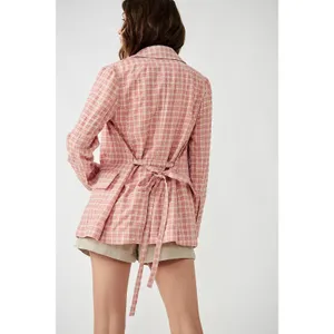 [Free People] Pink Olivia Gingham Plaid Oversized Double Breasted Blazer Large L thumbnail 2