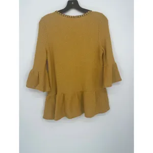 THML Textured Peplum Bell Sleeve Top Women M Mustard Whipstitch Crew Neck Boho thumbnail 2