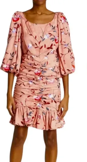 ByTimo Ruched Floral Embroidered Jacquard Dress Balloon Sleeves Coral Size XS thumbnail 1