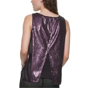 NWT DKNY Sequin Tank Top Womens Regal Purple Split Back P1JA6KDQ‎ Size S thumbnail 2