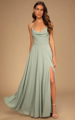 NWT Lulus Romantically Speaking Sage Green Cowl Lace-Up Maxi Dress Bridesmaid M thumbnail 1