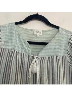 Ava James Mint and Grey Striped Cap Sleeve Babydoll Blouse Top Career Office thumbnail 2