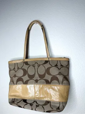 COACH Y2K Vintage Signature Monogram Metallic Tan Leather Stripe Tote Bag Preppy thumbnail 5