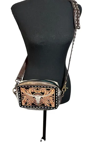 Myra Bag Tooled Leather Longhorn Hair-on Hide Crossbody Bag Brown Western Small thumbnail 1