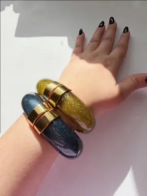 Bold gold and blue chunky statement bangle bracelet resin and stainless steel thumbnail 1