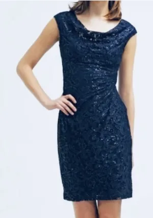 Ralph Lauren Navy Blue Sequin Lace Cowl Neck‎ Sheath Sleeveless Dress Size 10 thumbnail 1