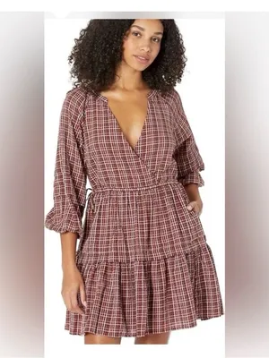 Madewell Seersucker Wrap Mini Dress Dark Merlot Plaid thumbnail 2