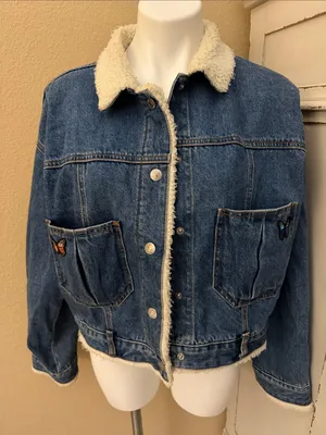Forever 21 Blue Denim Sherpa Collar Jacket with Butterfly Patches thumbnail 1