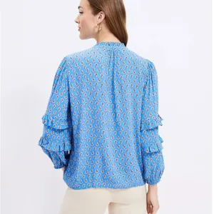 Loft Paisley Ruffle Button Blouse in Blue thumbnail 2