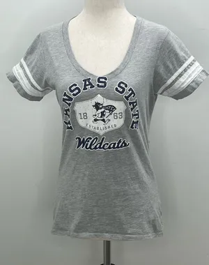 Champion Kansas State Wildcats Women’s Gray Striped Sleeve V-Neck T-Shirt Small thumbnail 1