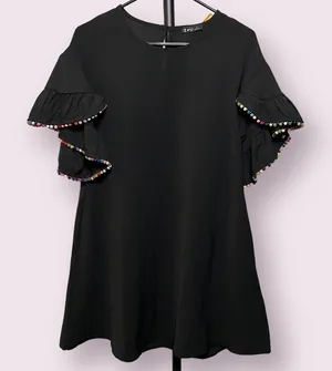 Very J Black Shift Dress with Rainbow Pom Pom Ruffle Sleeves Small thumbnail 1