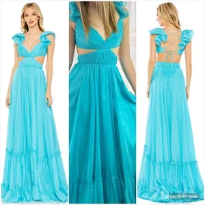 Mac Duggal 70254 Womens Blue Ruffled Shoulder Cut Out Lace Up Gown Dress thumbnail 2
