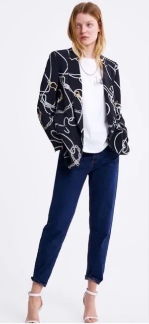Zara Nautical Rope Print Blazer Jacket Navy Blue Size Medium thumbnail 1