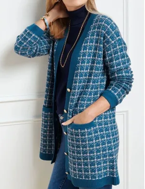 Talbots Merino Wool V Neck Cardigan Sweater Texture Plaid Blue White Size Medium thumbnail 1