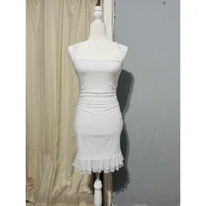 Fairy White Ruched Mesh Ruffle Hem Bodycon Lined Dress Square Neck Sleeveless‎ S thumbnail 2