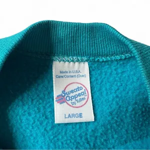 Vintage Tultex Super Sweats Sweatshirt L Teal Floral Applique Made USA 90s thumbnail 2
