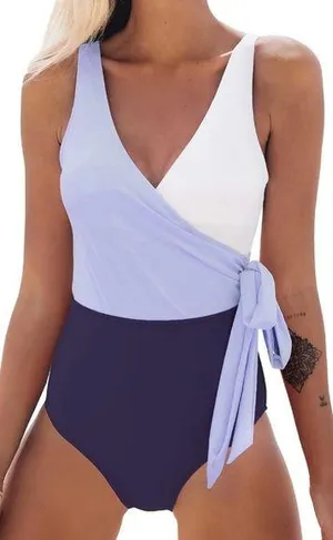 NWT CUPSHE One Piece Swimsuit Wrap Color Block Tie Side Purple White Size M thumbnail 1