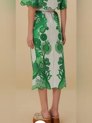 FARM RIO Women’s Midi Skirt White Green Floral Festival Linen Size Large thumbnail 3