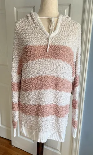 Reborn J Women’s Striped Popcorn Knit Hooded Sweater Peach Ivory Medium thumbnail 1
