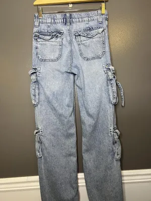 Aeropostale Cargo Jeans Womens XS Light Wash Blue Low Rise Straight Ruffle Denim thumbnail 7