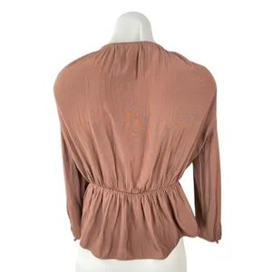 Aritzia Wilfred Shanina Womens Brown Deep V Neck Long Sleeve Tie Blouse Top Sz S thumbnail 4