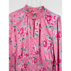 Wayf blouse women's large smocked high neck satin floral balloon sleeve pink thumbnail 2
