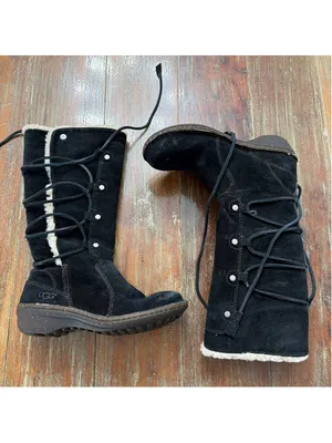 ⁠UGG Australia Y2K Surfcat 5158 Black Suede Side Lace Tall Shearling Boots Sz 5⁠ thumbnail 2